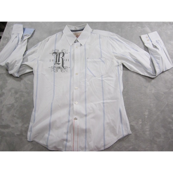 Red Camel Shirt Mens Large White Blue Striped Long Sleeve Embroidered Graphic - Picture 1 of 14